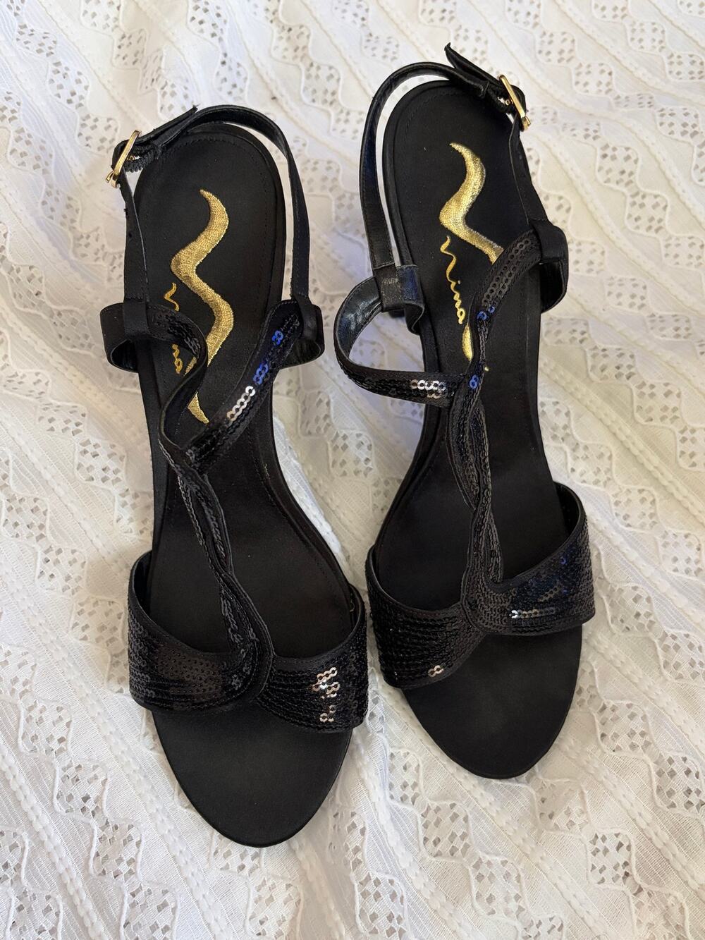 Nina Black Sequin T-Strap Evening Sandals Ankle Strap Heels Size 8M